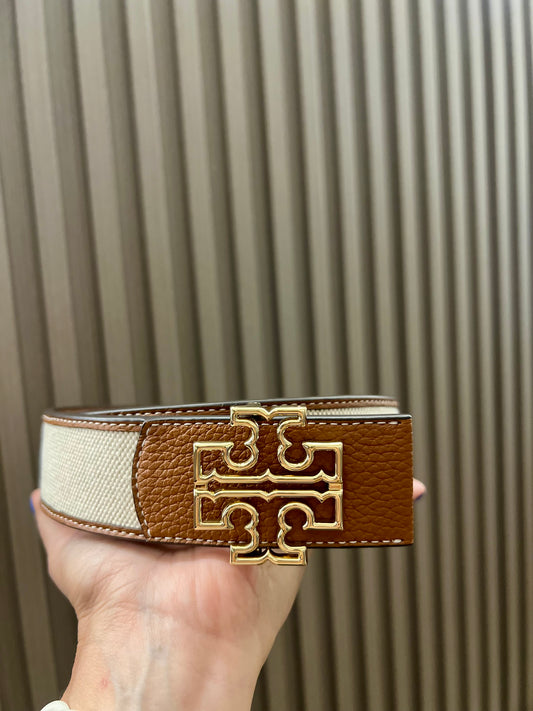 Cinturón Tory Burch Caki marrón logo Gold