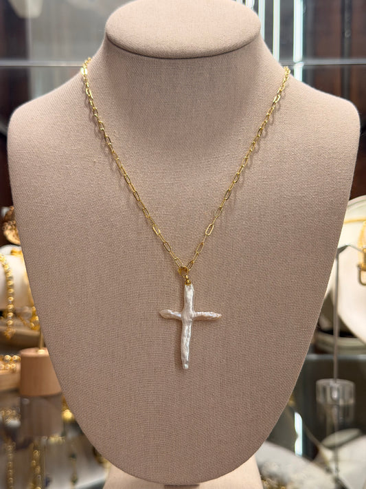 Cadena de paper click rodinado con cruz de nácar