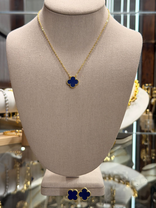 Set cadena y aretes flor Navy Blue rodinado
